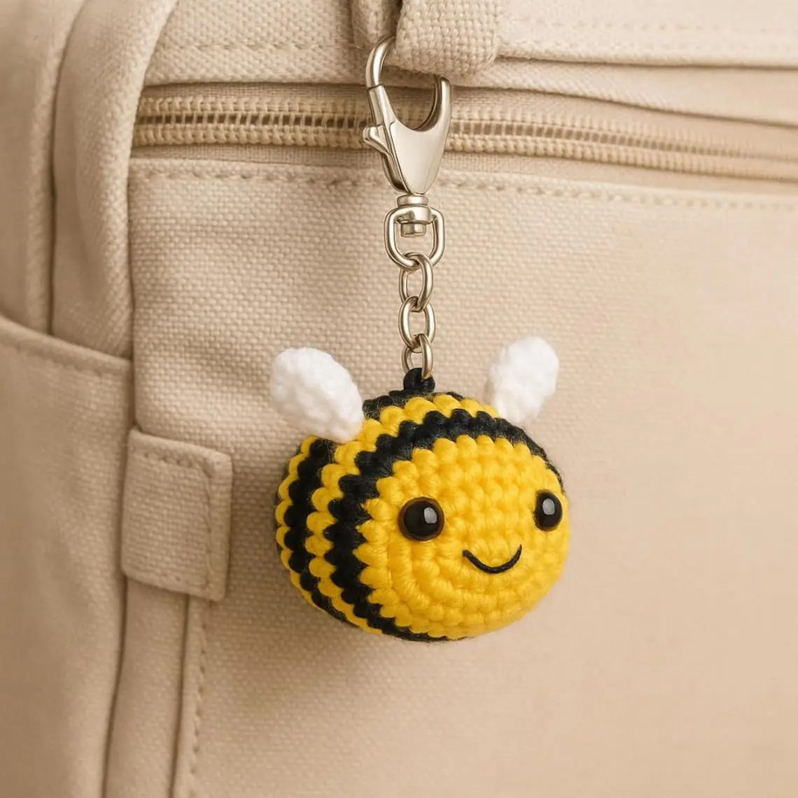 Crochet Bee Keychain, Cute Yellow and Black Bumblebee Bag Charm with Metal Clip, Amigurumi Backpack Accessory
