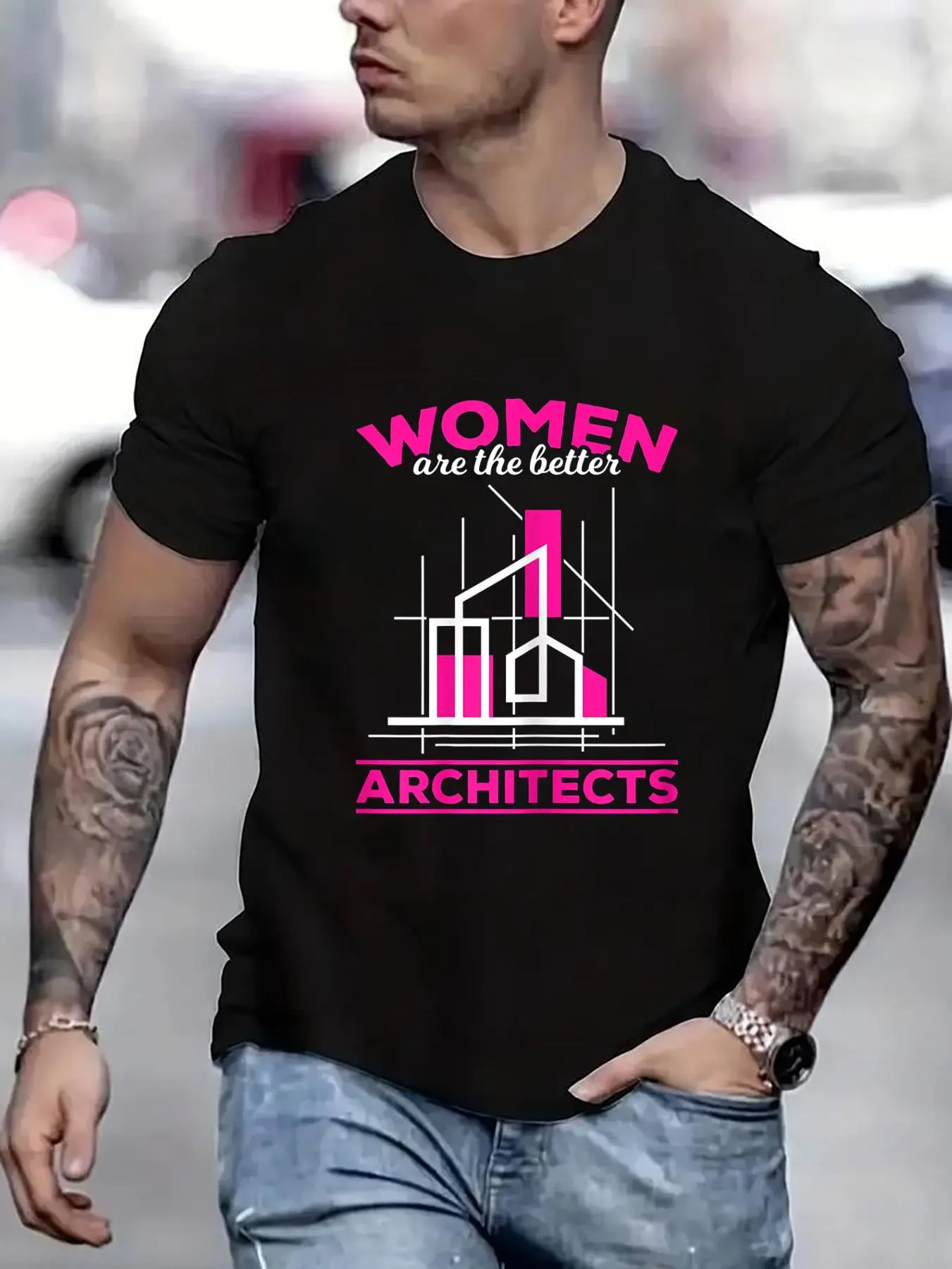 100% cotton Men Are The Better Architects Architecture Printed T-shirt, Short-sleeved Crew Neck Casual Top, Suitable For All Seasons, Men's Wear