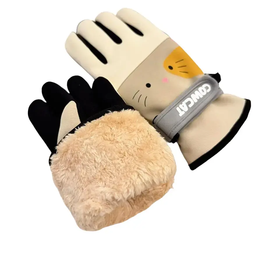 Cute Cartoon Cat Winter Touch Screen Gloves, Windproof Thermal Warm Non-Slip Adjustable Gloves for Girls, Cycling, Driving & Daily Outdoor Commuting