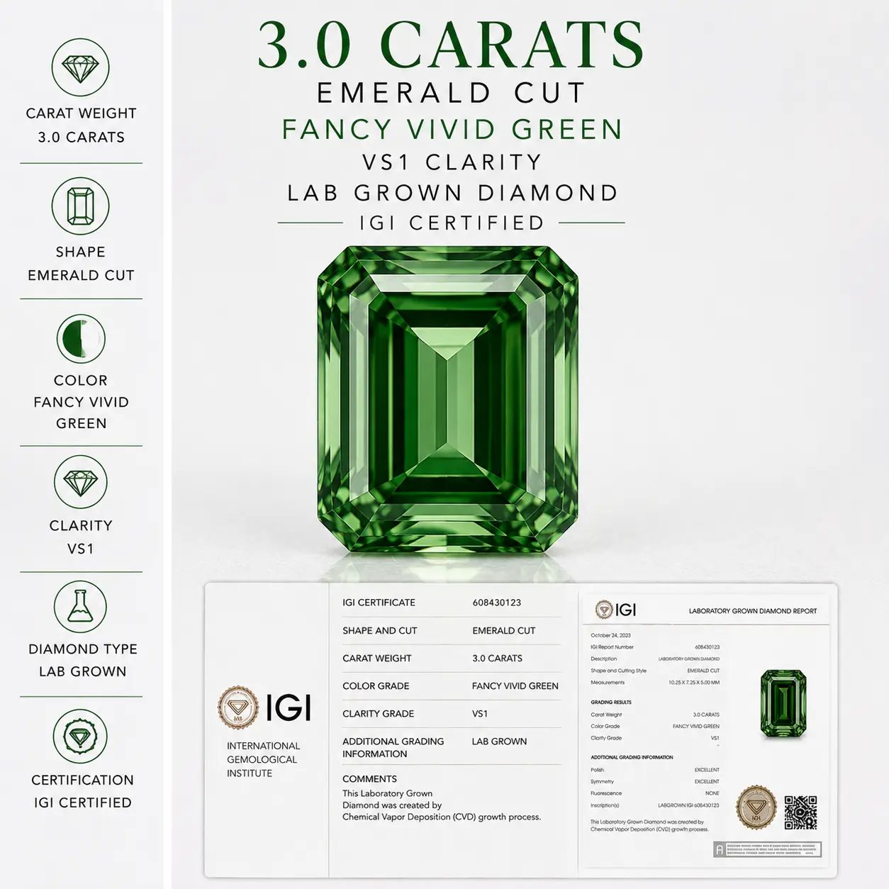 3.0 Carats Emerald Fancy Vivid Green VS1 Lab Grown Diamond igi Certified