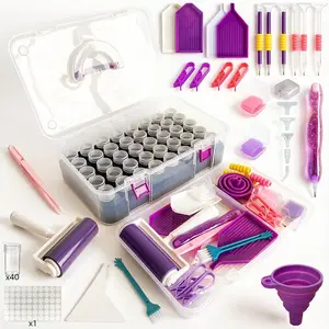 Diamond Painting Tools And Accessories Set with Ergonomic Pen, Premium Wax, Portable Storage Box, With 36 Wax Cups, 4 Drill Trays, 3D Grip Pen, Purple Rollers, Scraper, Tweezers, Funnel, Clips & Multi-Tools Multi-Functional Craft Kit for DIY Art Lovers, B
