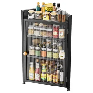 No Drill Triangular Spice Rack with Door, Waterproof Wall Mount Seasoning Storage for Kitchen