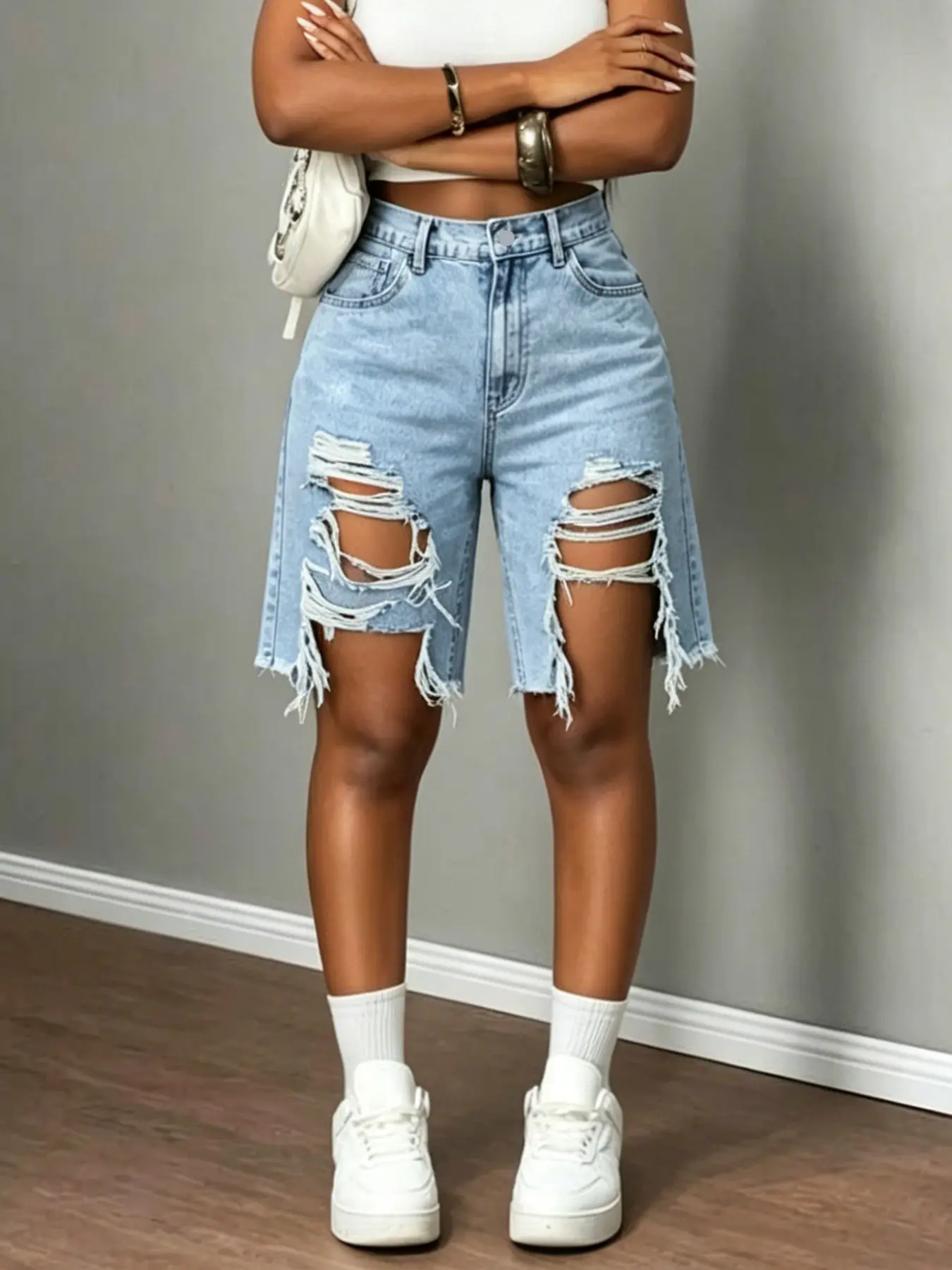Nvfelix Y2K Ripped Denim Shorts for Women, Casual Loose-Fitting Knee-Length Summer Pants, High-Waisted Beachwear Trendy Fashion Bottoms, Casual Fashionable Shorts