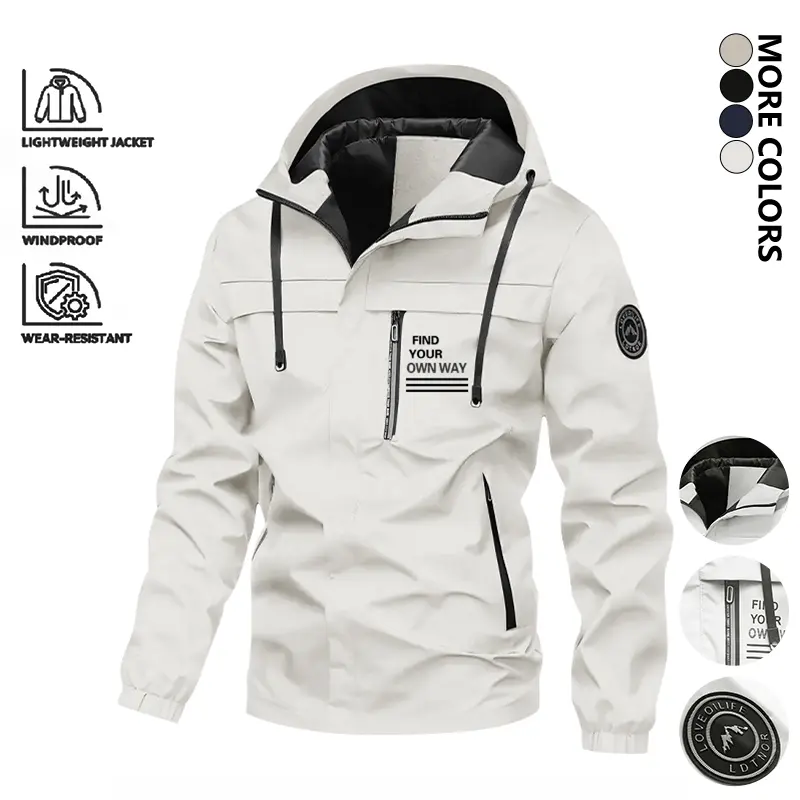 LIFE KEEPS MOVING men’s solid-color slim basic long-sleeve hooded jacket with drawstring and zipper, casual outdoor sports outerwear with zippered pockets, Level 4 menswear suitable for outdoor use.