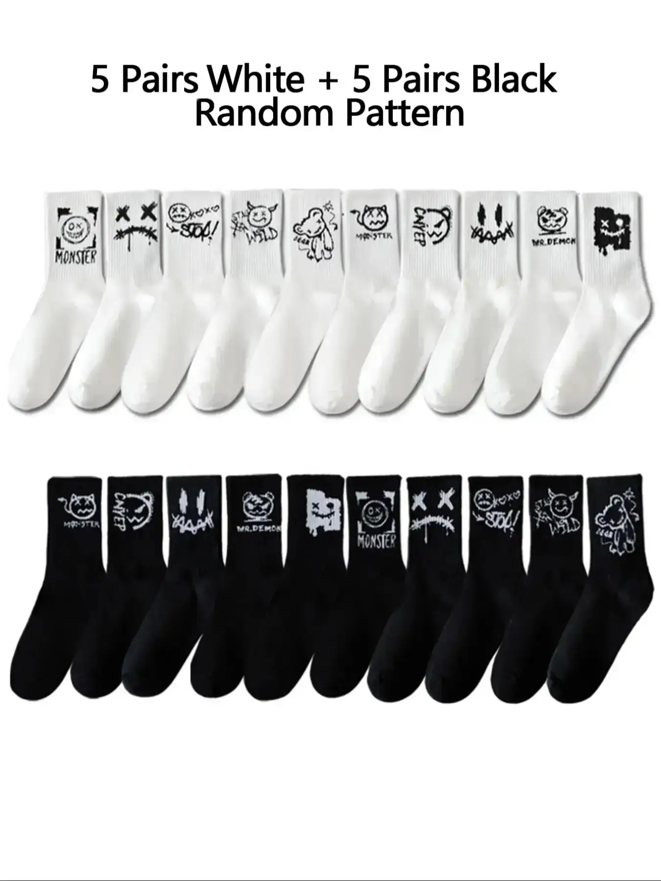 Men's Random Cartoon Print Athletic Socks, Casual Moisture Wicking Sports Crew Socks, Leg Warmers, Soft Comfy Breathable Sports Socks for All Seasons