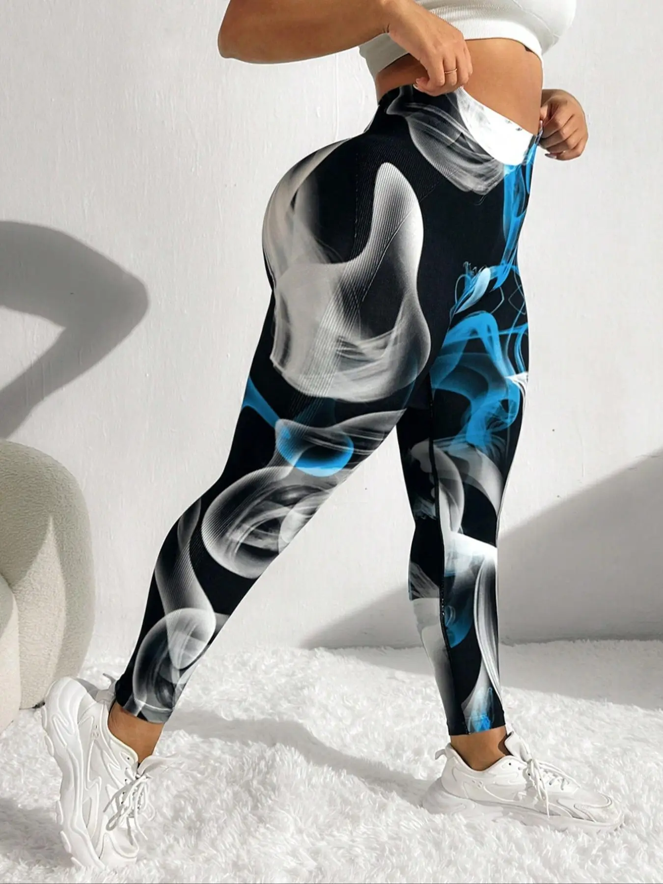 【Plus Size】 All Over Print Ruched Sports Leggings, High Stretch Yoga Leggings, Gym Clothes, Ladies Sportswear for Indoor Outdoor Wear, Workout Clothes