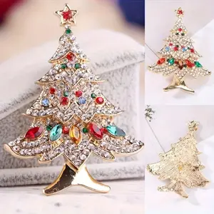 Women's Elegant Christmas Tree Brooch Pin - Sparkling Red, Green, Blue, Golden & Clear Rhinestones - Year-Round Party, Wedding, Everyday Jewelry