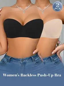 2-Pack Women's Basic Solid Color Strapless Seamless Bandeau Bra, Push-Up and Lifting Bra, Suitable for Party Dresses and Summer Tops