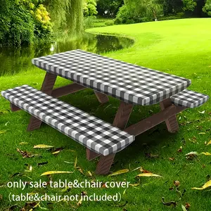 3pcs Picnic Table Bench Covers  - Vinyl Stretchable Plaid Design for Camping Dining Outdoor Park Patio