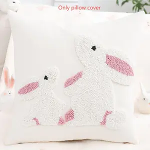 1PC Easter Decoration Pillow Cover, Cute Bunny Embroidered Canvas, Spring Summer Home Decor, Living Room Bedroom Sofa Cushion, Bedroom Decorative Accessories