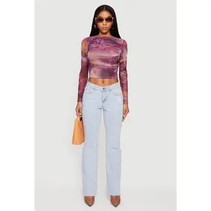 Raw Hem Distressed Bootcut Jeans with Elastic Waist
