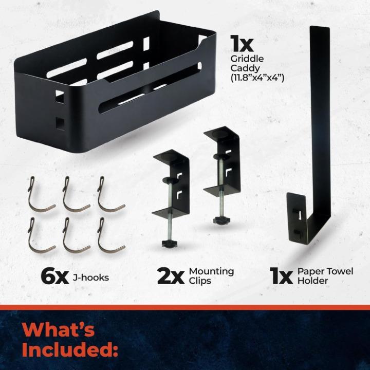 Heavy Duty Griddle Caddy for Blackstone & Prep Cart, Side Shelf Organizer with Paper Towel Holder, Space Saving BBQ Grill Accessory Storage Box with 6 J-Hooks