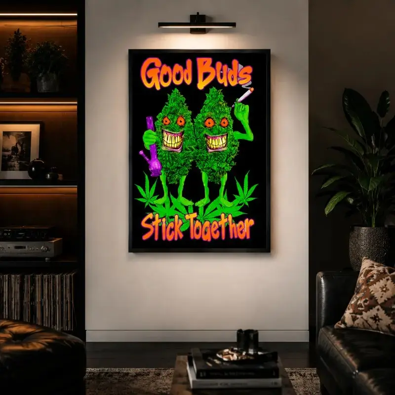 "Good Buds Stick Together" Blacklight Pot Poster, Vintage Waterproof Artistic Print with Box, Home Decoration, Bathroom Wall Art, Cool Room Decor, Kitchen Spaces, Canvas Wall Art Print, Funky Retro Poster for Bathroom, Dorm, Apartment, Gift Decor