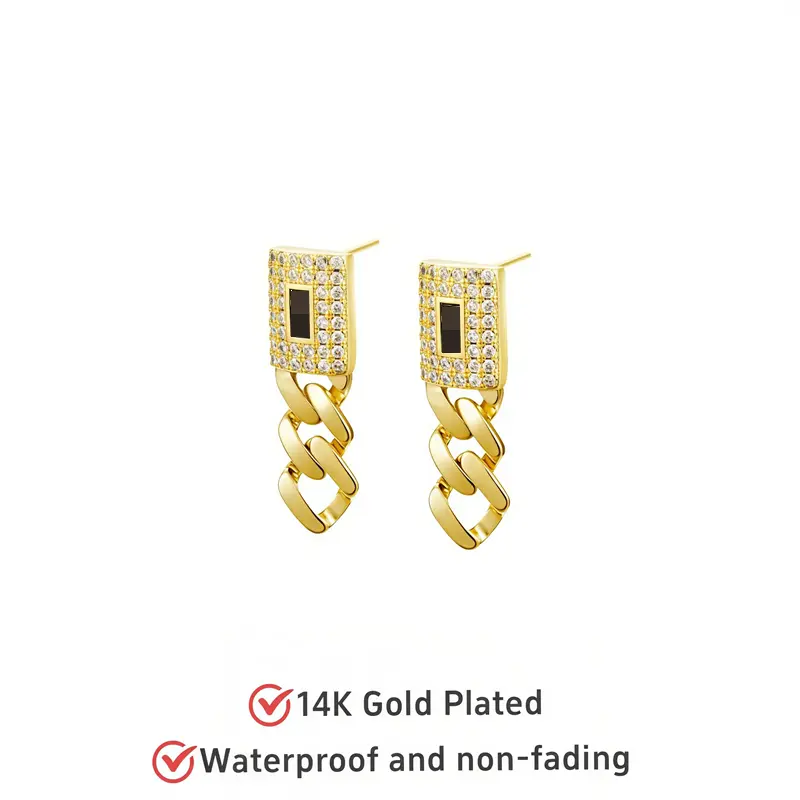 Golden Cuban Zircon Earrings - Stainless Steel Miami Hip Hop Costume Jewelry with Butterfly Clasp Design, Chain-Based Link Chain Metallic Rhinestone Earrings, Fashion Accessories for Mother's Day Gifts, Chain-Based Earrings