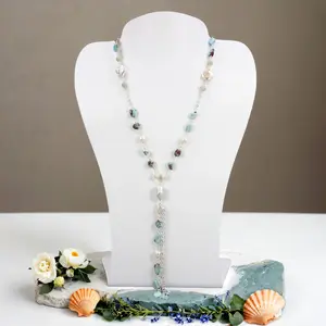 Gemstone and Freshwater Pearls Lariat Necklace: Larimar Gemstone and Freshwater Pearls Lariat Necklace: Larimar