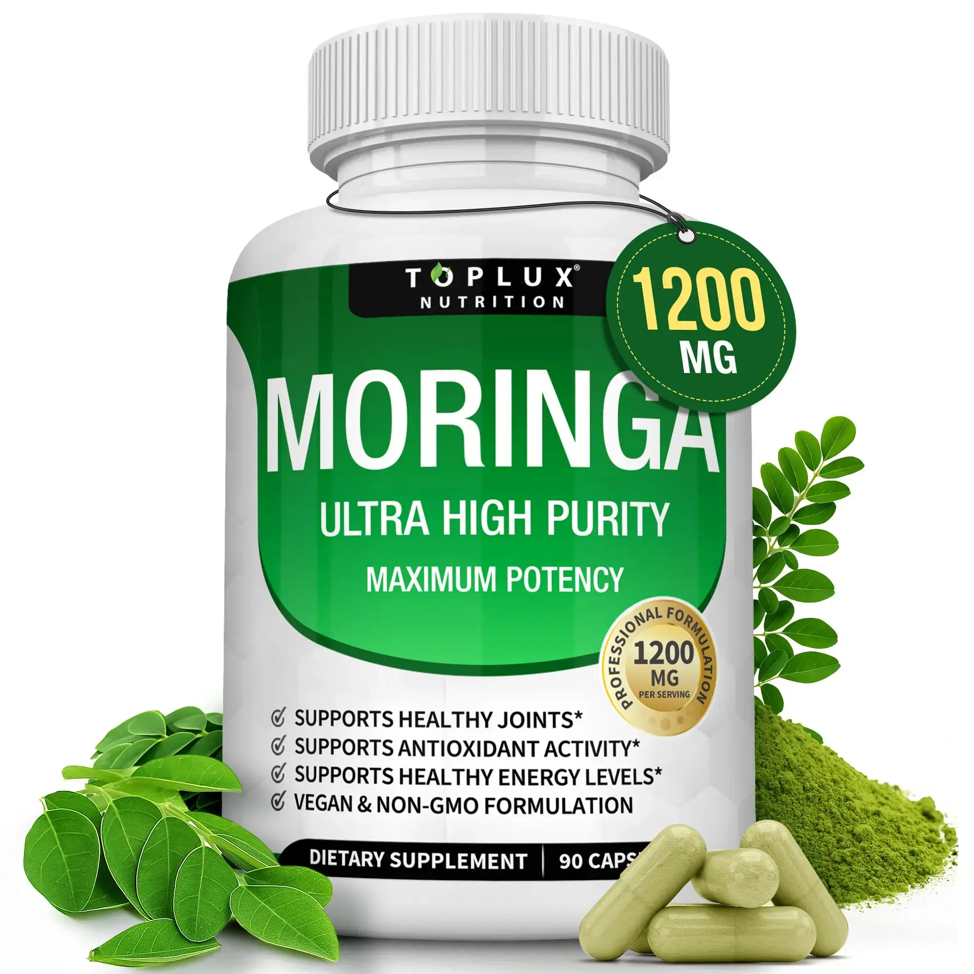Toplux Moringa Capsules 1200mg - Pure Moringa Powder for Immune, Gut health 90 Capsules Fitness Edible