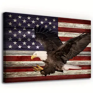 1pc Rustic American Flag Canvas Wall Art - Patriotic Bald Eagle in Mid-Flight, Red White & Blue USA Decor, Ready to Hang, Perfect for Living Room, Bedroom, or Office, Bedroom Artwork |   Eagle Canvas Art |   Detailed Illustration, American Flag Decor