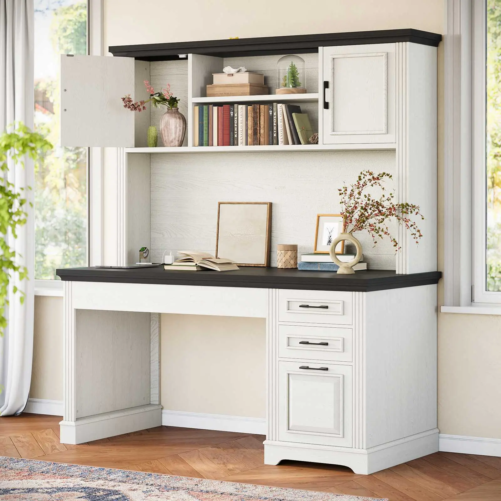 Itaar 47.2" Farmhouse Computer Desk with Hutch and 3 Drawers, White Home Office Desk with Storage Cabinet and Shelves, Executive Desk with Power Outlet for Home Office & Study