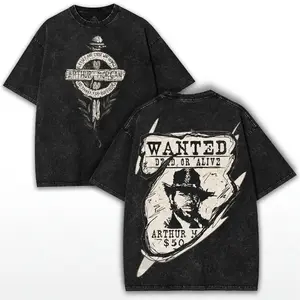 Men's Arthur Morgan Wanted Poster T-Shirt - Red Dead Redemption Vintage Oversized Washed Short-Sleeve Round Neck Casual Tops, Outlaw Style Collector Graphic Tee
