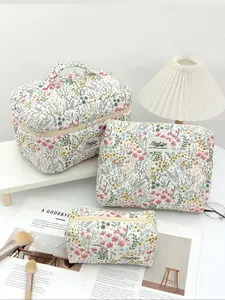 Floral Pattern Makeup Bag Set, Large Capacity Cosmetic Storage Bag & Makeup Brush Bag & Makeup Mirror Pouch, Portable Toiletry Bag, Travel Cosmetic Bag