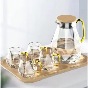 Glass Pitcher Set (68 oz) with 4 Cups & 1 Tray, Elegant Diamond Design Water Pitcher with Handle, High Durability Glass Jug for Fridge, Glass Carafe for Iced Tea/Juice/Beverage/Coffee/Drinks