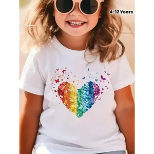 Girl's White T-Shirt with Rainbow Sequin Heart Print - Casual Round Neck Spring/Summer Top, Machine Washable, Comfort Fit, Durable Youthful Fashion Wear