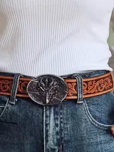 Western Men Women Fashion Gradient Carved Belt with Animal Alloy Buckle, Unique Design for Jeans, All Seasons, Western Cowboy Belt