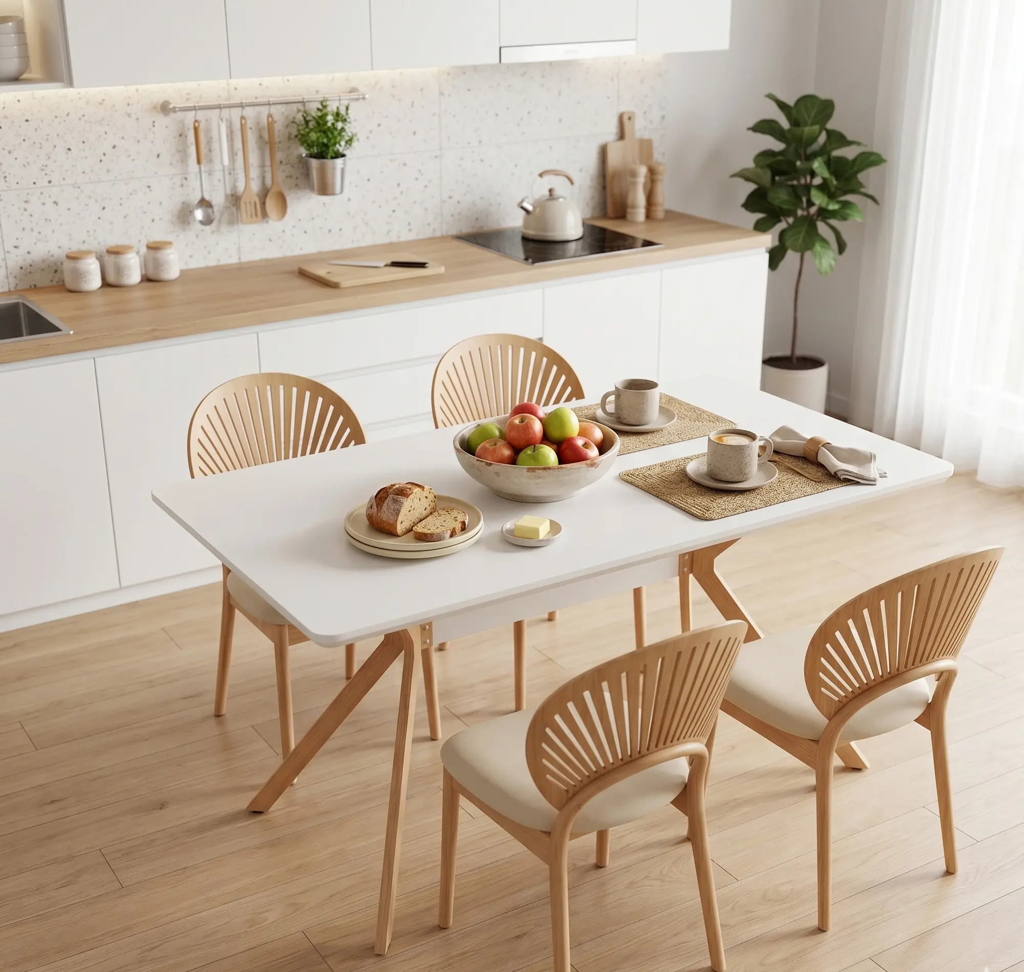 Modern Minimalist Dining Table - MDF Anti-Scratch Top, Metal Shelf, Metal Heat-Transfer Legs, Leveling Ft - for Dining Room, Kitchen - White/Walnut