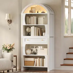 70.3" Tall Arched Bookshelf, 6-Tier Book Shelf with LED Lights, Farmhouse Bookcase with Open Shelves and Drawer, Freestanding Display Rack, for Living Room, Bedroom, Home Office, White