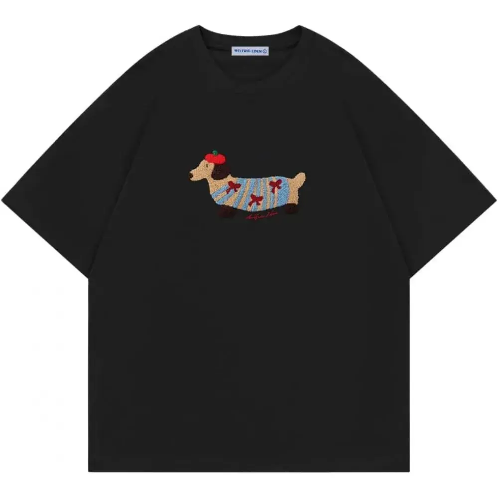 Aelfric Eden oversized graphic T-shirts for men with dog embroidery, casual short-sleeve cotton T-shirts