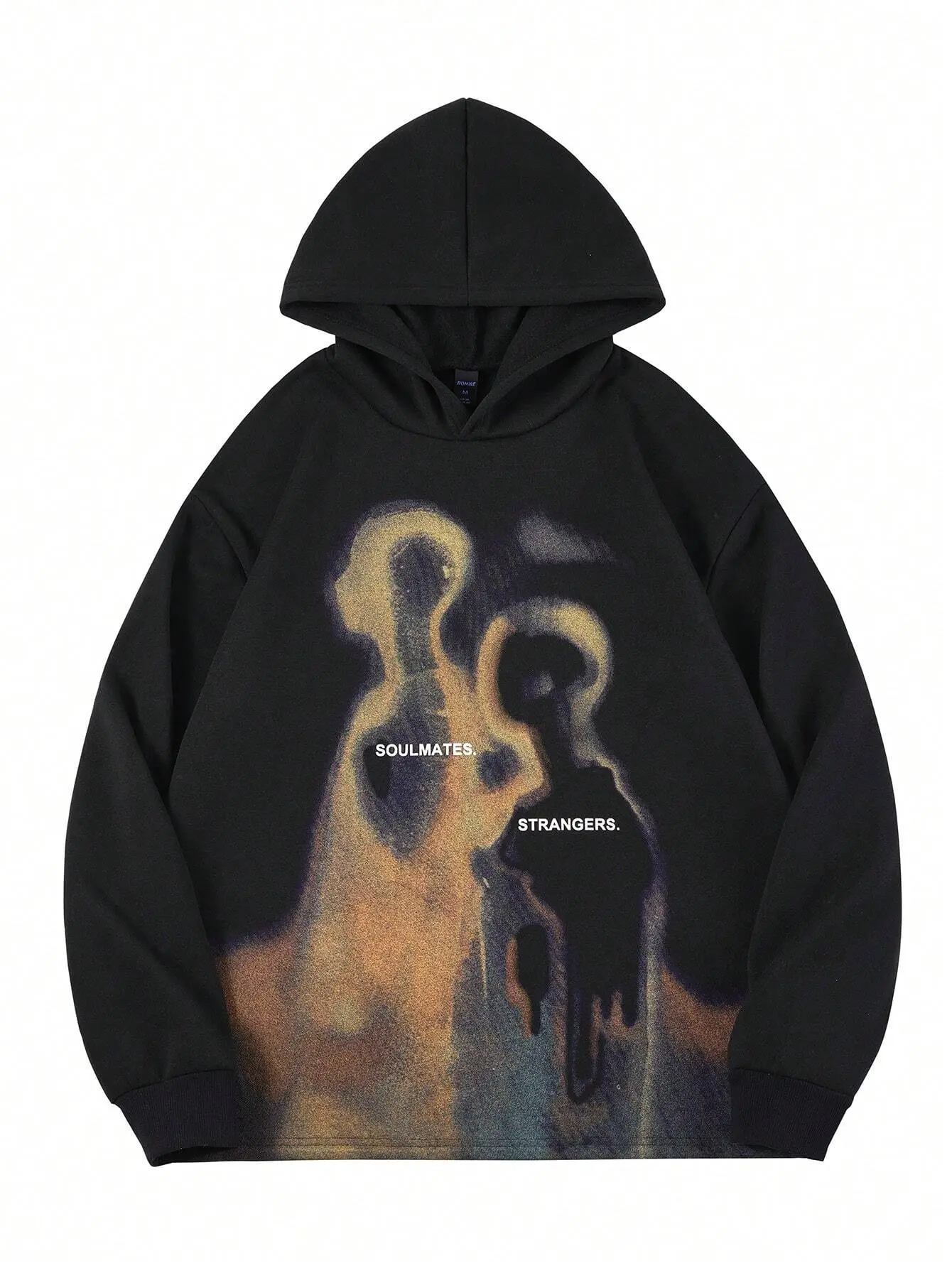 Unisex Retro Street Thermal Silhouette Print Hoodie "Soulmates / Strangers" Graphic Pullover Casual Oversized Fleece-Lined Hooded Sweatshirt for Men & Women Fall/Winter/Spring Long Sleeve