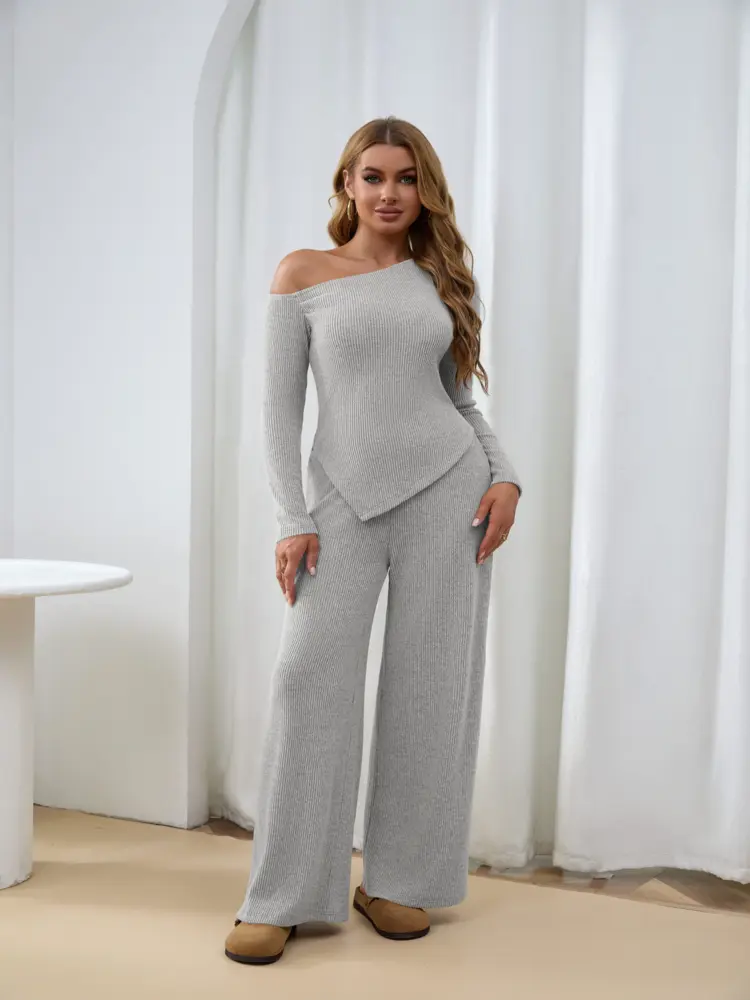 Women's Solid Off Shoulder Asymmetrical Tee & Elastic Waist Pants Two-piece Set, Casual Fashion Cozy Long Sleeve Ribbed Top & Lettuce Trim Trousers for Daily Outdoor Wear, Women's Clothing for Spring & Fall, Womenswear, Summer 2 Piece Set