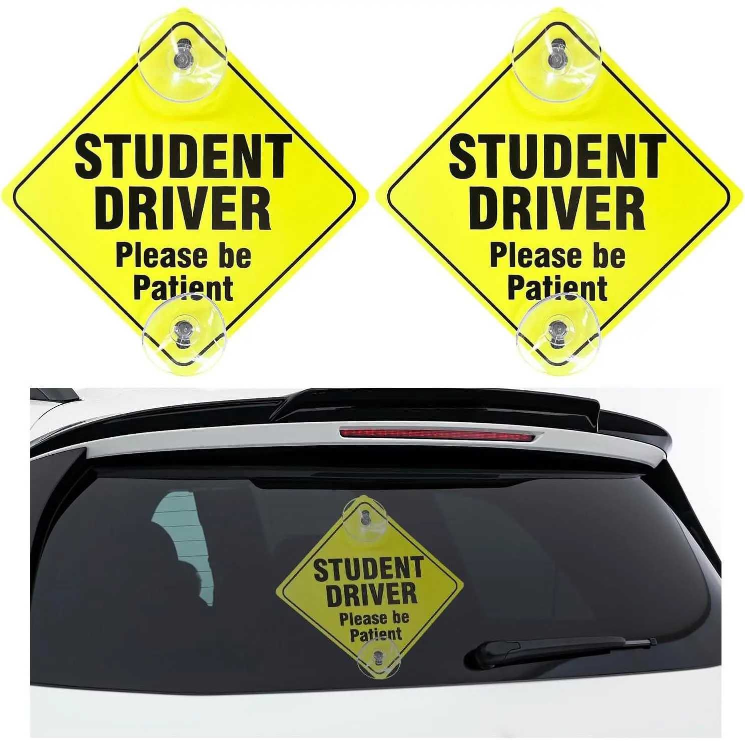 2PCS New Driver Safety Sign, 5''5'' Removable Sticker With Suction Cup, Please Be Patient Student Driver Decal (Black)