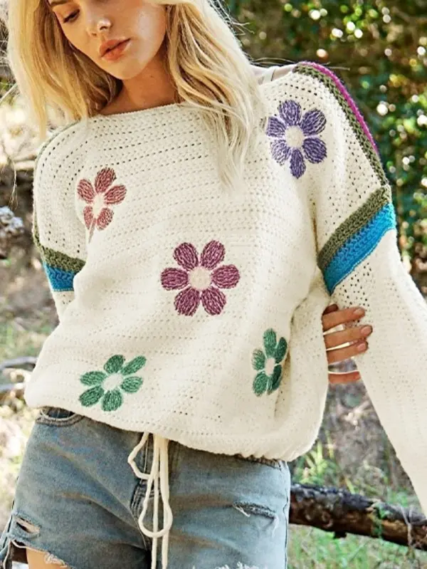 EG fashion Cotton Eyelet Boho Floral Knit Sweater