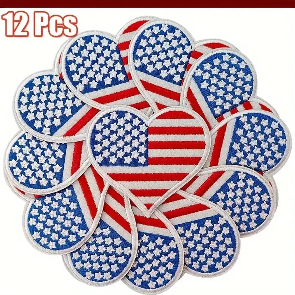 12pcs Embroidered Iron-On Embroidery Patches - American Flag Heart Patriotic Appliques Embellishments for Trendy Fashion, Boys’ Apparel, Great for Personalization