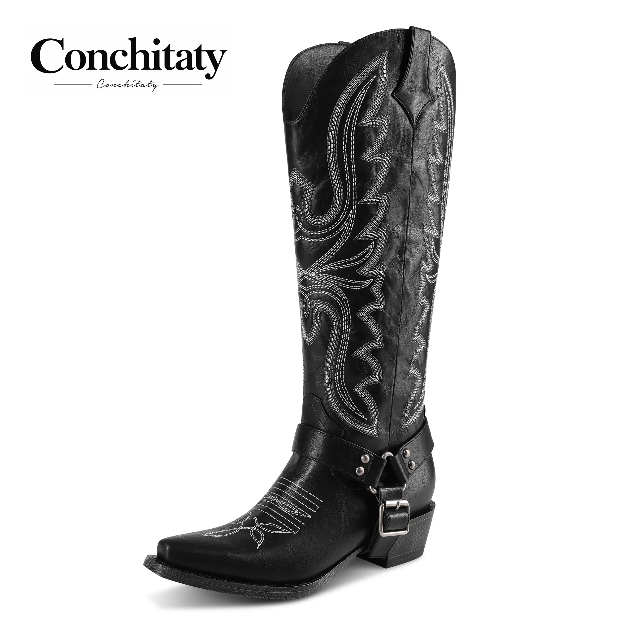 CONCHITATY Cowboy Boots for Women with Buckle Strap Knee High Cowgirl Boots Embroidered Pointed Toe Chunky Heel Pull On Western Tall Boots for Rodeos Party Concert Festival Walking Shoes sohochic