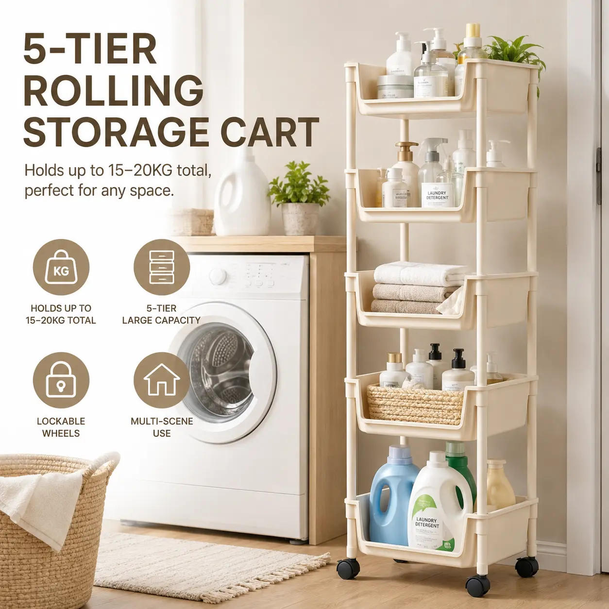 PeaWove Slim Rolling Storage Cart with 4 S-Hooks - 5-Tier Mobile Utility Organizer with Easy Access Bins for Kitchen Bathroom