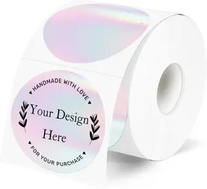 STARBOLING 2" Round Transparent Thermal Label Stickers, Clear Direct Thermal Labels Holographic Pink, Perforation Line Design- 300 Sheets