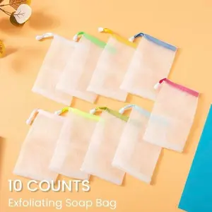 10 Counts Foaming Mesh Bags, Large Foaming, Exfoliating Face Cleansing Net for Luxurious Bath & Shower Experience, Includes White Drawstring Pouch for Easy Storage