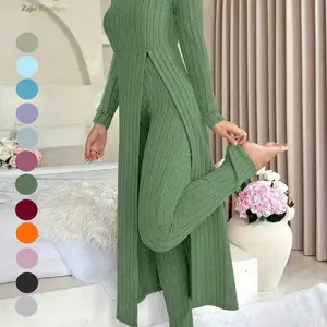 2026 Women's Elegant Two-Piece Set, Solid Color Split, Cozy Longline Top & Pants, Perfect for Daily Outdoor Wear