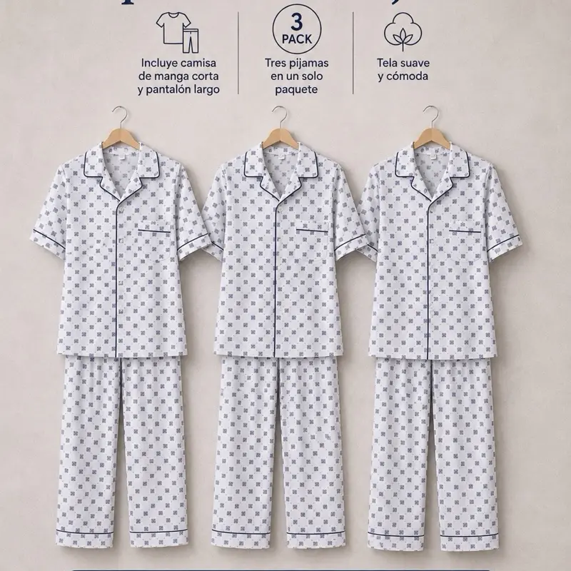 Men’s Pajama Set Bundle – 3 Pack Short Sleeve Tops & Long Pants Sleepwear Set Loungewear Menswear Breathable Matching Homewear Pjs