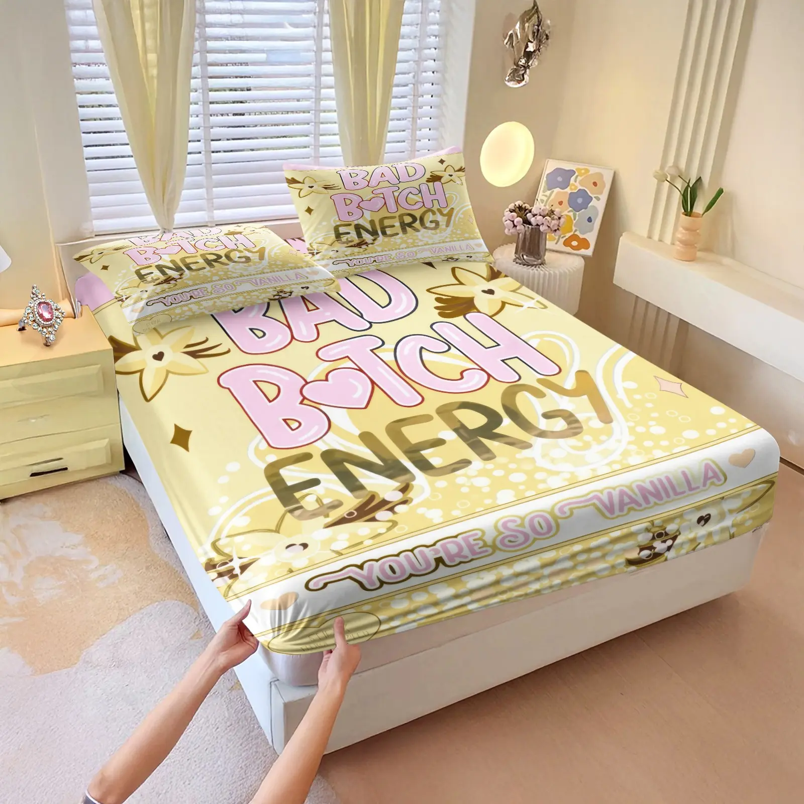 3Pcs Bad Bitch Energy Heart & Vanilla Flower Pattern Fitted Sheet Set, Cute Cartoon Typography Bed Sheet Set, Elastic Deep Pocket Fitted Sheet with Pillowcases, Comfortable Bedding for Teen Girls, Cute Bed Sheets, Dorm & Trendy Bedroom Decor
