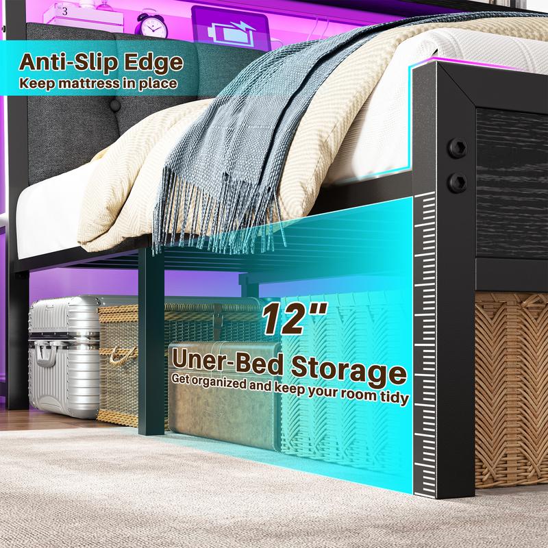 Raybee LED Bed Frame with Charge Station for Queen, Full, King, Platform Bed Frame with Upholstered Ergonomic Heardboard , 2 Tiers of Shelves & 12" Underbed Storage, Industrial Modern Bedroom Furniture, 1000lbs Capacity with Metal Slats & Frame, Black Raybee LED Bed Frame with Charge Station for Queen, Full, King, Platform Bed Frame with Upholstered Ergonomic Heardboard , 2 Tiers of Shelves & 12" Underbed Storage, Industrial Modern Bedroom Furniture, 1000lbs Capacity with Metal Slats & Frame, Black