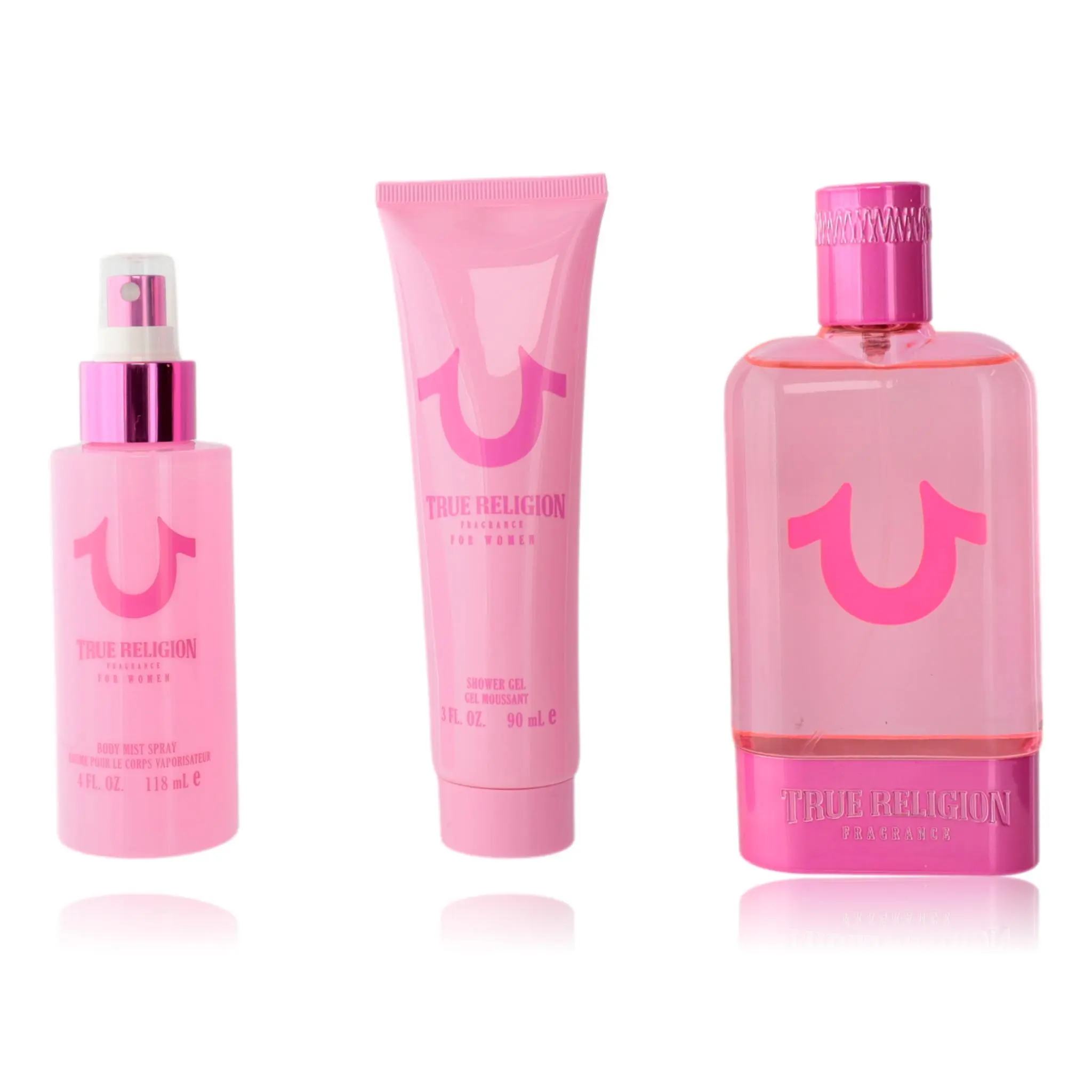 TRUE RELIGION Pink 3-Piece Gift Set for Women, Scented Body Care Collection with Fragrance Mist, Shower Gel, and Perfume, Aroma, Cosmetic