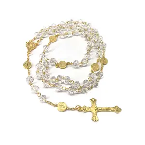 Crystal Bead Catholic Rosary Necklace Cross Pendant Choker Religious Necklaces Long Chain Prayer Charm Jewelry Gift