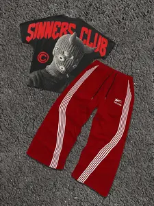Sinners Club Print Short Sleeve + Striped Wide Leg Pants Set, Oversized Fashion Suit, Streetwear Essential, Spring & Fall