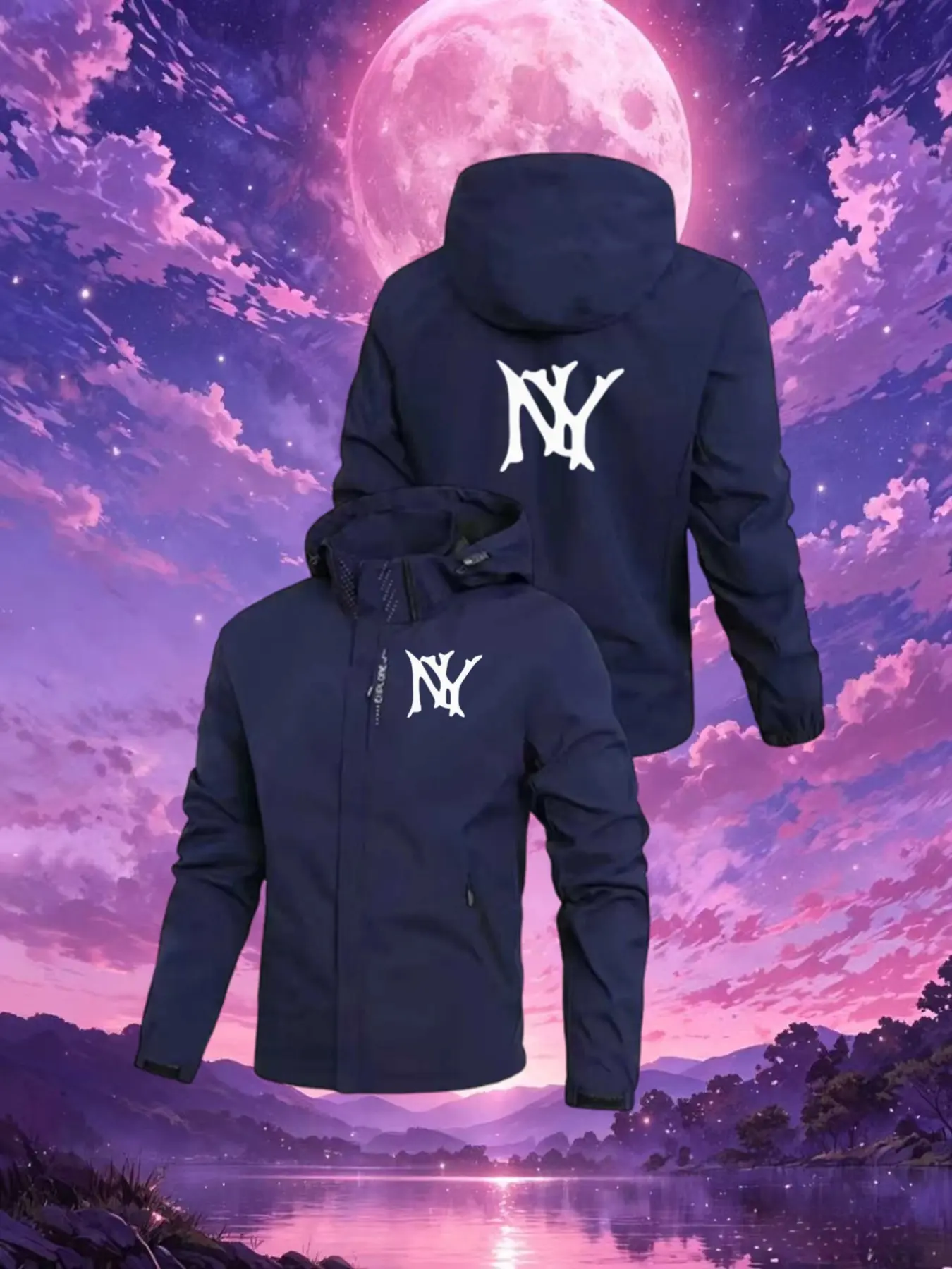 Men's Ny Letter Print Hooded Jacket, Casual Windproof Coat, Spring Autumn Fashion, Loose-Fitting Geometric Pattern