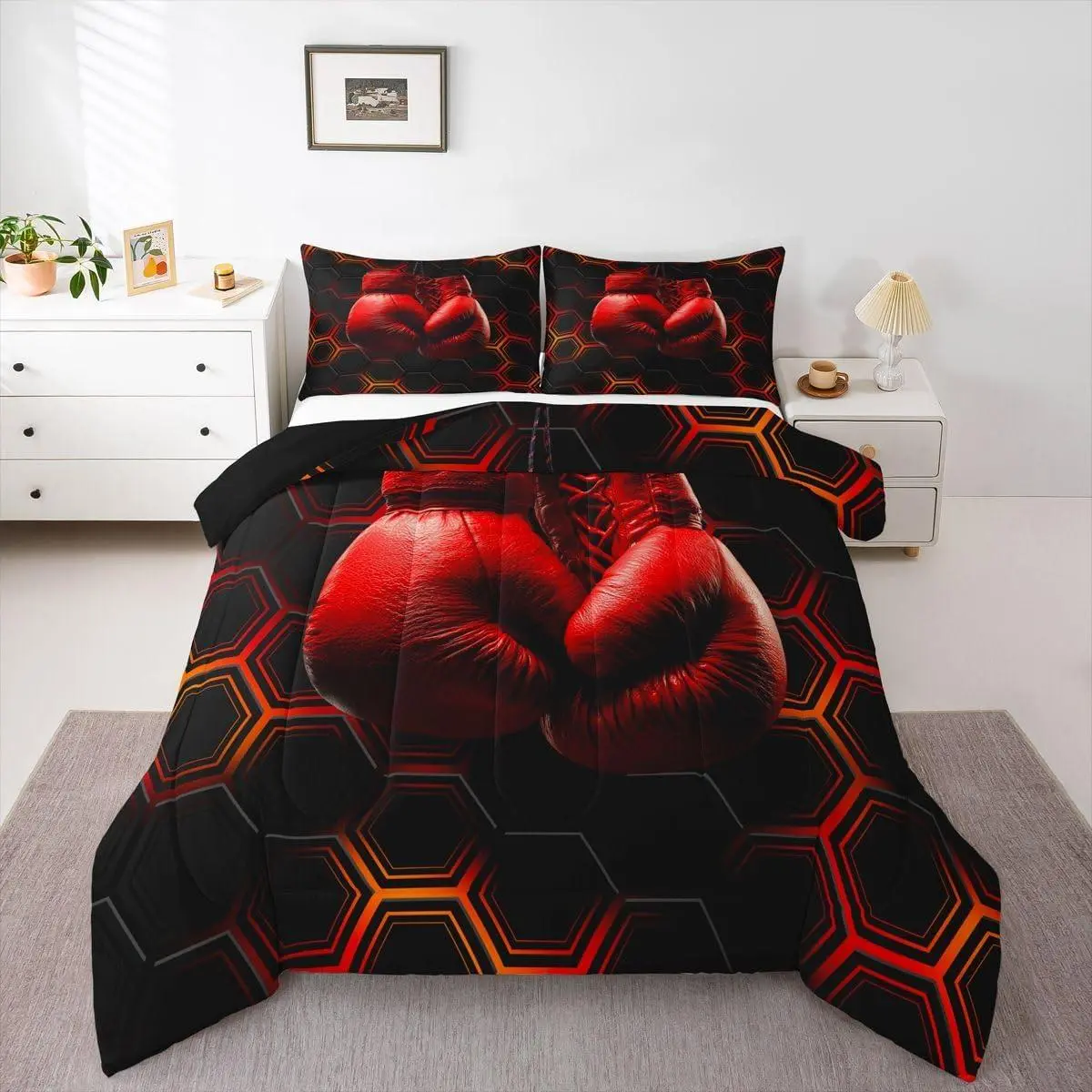 Boxing Comforter Set for Teens,Gradient Hexagon Bedding Set for Kids Boys Teens Adult,Geometric Honeycomb Quilt Sports Games Themed Duvet Insert with,Red Black