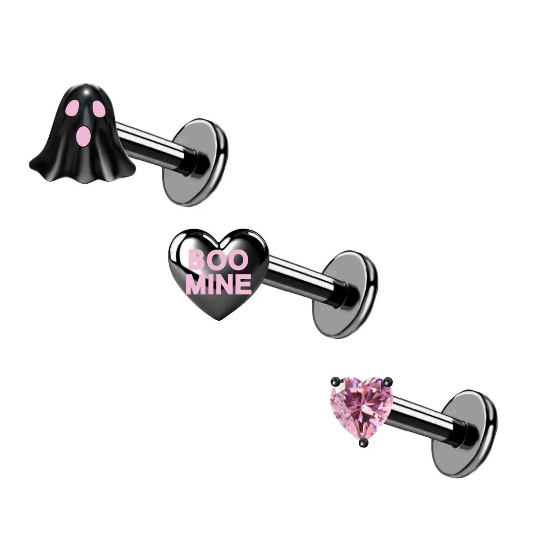 OUFER 16G Boo Mine Ghost Heart and Pink Crystal Piercing Set 3PCS Helix Cartilage Stud Earrings