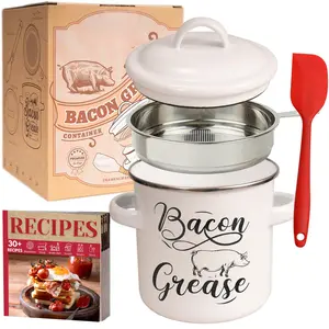 Bacon Grease Container with Strainer, 46 oz Enamel Oil Container, Pot Fat Storage With Lid, Easy Grip Handle Suitable For Storing Frying Oil And Cooking Grease